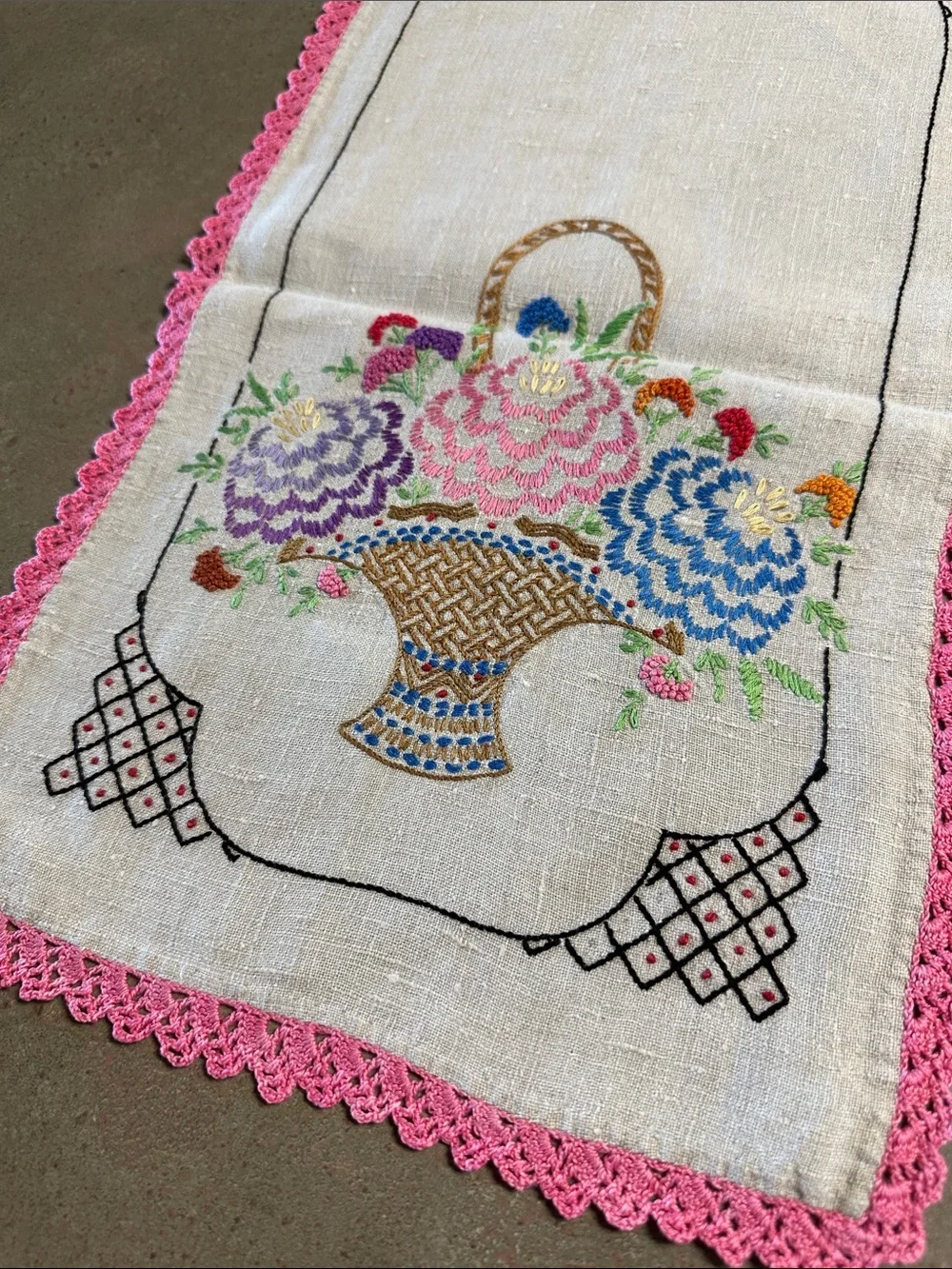 Vintage Hand-Embroidered Linen Floral Basket Table Runner - Pink Trim 38”